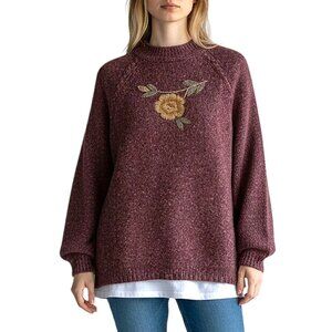 Allison Daley Boho Burgundy Embroidered Mock Neck Sweater Great Cond - Large